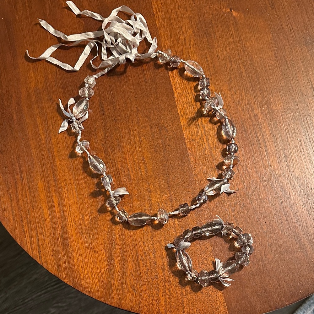 J Crew Elegant Lavender Mist Beaded Necklace and Bracelet Set With Ribbon